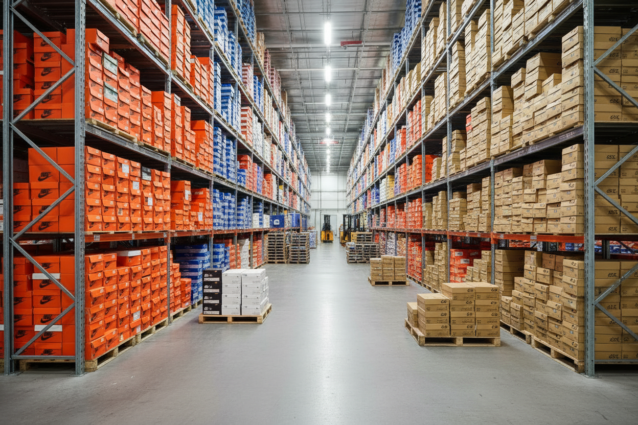Warehouse interior with shelves stocked with boxes and pallets.